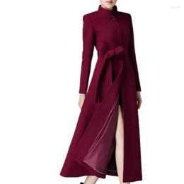 Women's Wool X-long Winter Woolen Coat Women Stand Collar Single Breasted Belted Slim Office Lady Overcoat