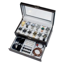 Watch Boxes Cases 12 Slot PU Leather Lockable Storage Men Women's Jewelry Display Drawer Case 2tier Organizer Showcase 230911