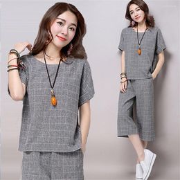 Women's Tracksuits Pant Suits 2 Piece Version Of The Summer Pullover Large Size Plaid Two-piece Loose Top Printing Short Sleeve Pants Sets