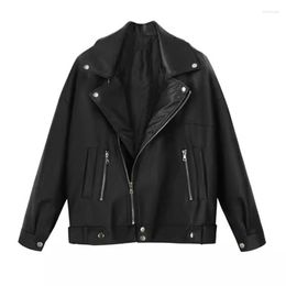 Women's Leather Spring Autumn Women Vintage Loose Turn-down Collar Faux Jacket Winter Padded Female Zipper Motocycle Biker Coat Outwear