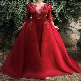 MagnificentVintage Red Mermaid Evening Formal Dress with Detachable Train Beading Appliqued Crystals Long Sleeve Prom Gowns Robe de soiree wly935 HKD230912