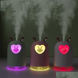 Humidifiers Lovely Rabbit Air Humidifier 300Ml Cute Pet Trasonic Cool Mist Aroma Oil Diffuser Romantic Colour Led Lamp Usb Humidificado Dhtjh