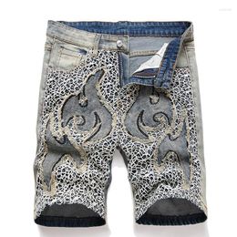 Men's Shorts Loose Straight Summer For Men Retro Blue Letter Embroidered Mid-length Pants Punk Style Mid-waist Denim Streetwear