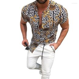 Men's Casual Shirts 2023 Summer Fashion Men Clothing Print Shirt Slim Grid Stand Collar Short Sleeve Golden Chain Printing236D
