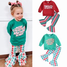 Clothing Sets 0-3Y Baby Girls Christmas Outfits Toddler Letter Print Long Sleeve Sweatshirts Plaid Flare Pant Sets Kids Autumn Clothes 230912