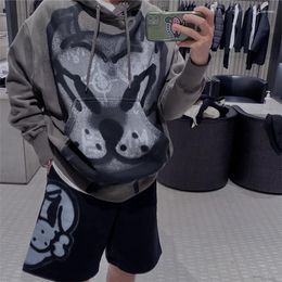 Men's Hoodies Cartoon Dog Head Print Graffiti Loose Casual Fleece For Men And Women Retro High Street Oversized Hooded Sweatshirts