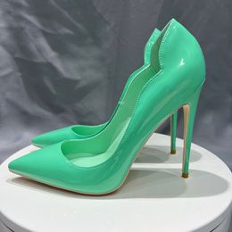 Glossy Mint Green Heel Red Bottoms Shoes Fashion Women V Cut Pointed Toes High Heel Shoes for Wedding Party Dress Elegant Red Sole Slip On Stiletto Pumps