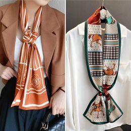 Scarves Luxury Long Skinny Satin Silk Scarf for Women Hair Bands Neck Tie Belt Headband Lady Wraps Foulard Headkerchief Bandana 230831