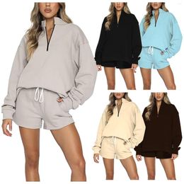 Women's Tracksuits 2023 Shorts Sets Solid Color Stand-up Collar Zipper Pullover Long-sleeved Hoodie Fashion Streetwear 2 Piece Outfits