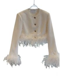 Women's autumn white color long sleeve ostrich fur patchwork high waist short jacket coat SMLXL
