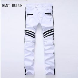 New Mens Ripped Jeans Striped White Straight Skinny Casual Hole Biker Denim Pants Plus Size Trousers 0103243O