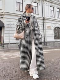 Women's Trench Coats Autumn Winter Elegant Black White Plaid Long For Women 2023 Fashion Double Breasted Houndstooth Print Outerwear