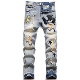 Mens jeans Designer Letter printing High quality Distressed Motorcycle biker jean Five-pointed star hole Skinny Slim tight Ripped 213F