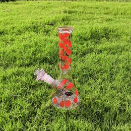 Wholesale Hand Blown Art 10" Cute Cherry Decal All Pink Glass Smoking Water Hookah Bong with Pink Downstem & Pink Heart Bowl