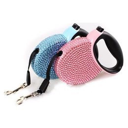 Dog Collars Leashes Pet Retractable Leash With Rhinestone Bling Crystal Cat Puppy Dog Lead Pink Blue Flat Line Drop 230911