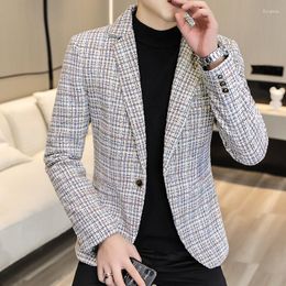 Men's Suits Men Checked Suit Jacket 2023 Autumn Winter Linen Slim Fashion One-button Business Casual