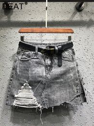 Skirts DEAT Women's Denim Skirt belt Waist Grey Distressed Do Old Wrap Hip Mini a-line Jeans Skirts Summer Fashion 29L1732 230911