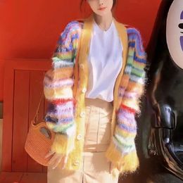 Women's Knits Tees JIAMI Mohair Striped Buttoned-up Women Cardigan V-Neck Fuzzy Multicolor Rainbow Colour Sweater Autumn/winter In Ribbed Cuffs 230911
