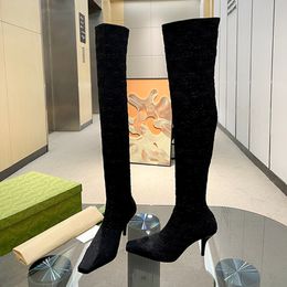 High Heels Winterstiefel Designer Damen Mode elastische Socken Booties 7,5 cm Stiletto-Absatz über dem Knie Boos Buchstaben bestickt Stretch Slip-on Damenschuhe