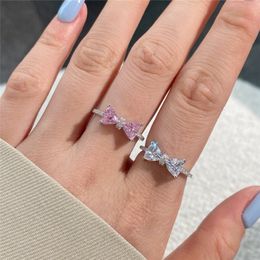 Luxury Cute Diamond Bowknot s925 Sterling Silver Rings for Woman Party 5A Cubic Zirconia Pink White Designer Ring Fashion Jewellery Size 6-9 Valentines Day Gift Box