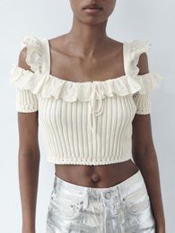 Women's Sweaters Summer Knitwear Tops Women Cold Shoulder Short Sleeve Cropped Sweater Embroidery Ruffle Trim Square Neck Tie Ribbed Knit