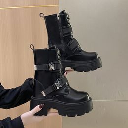 Boots Winter High Platform Leather 8CM Wedge shaped Buckle Ankle for Women's 2023 Punk Style Heels Motorcycle Shoes 230912