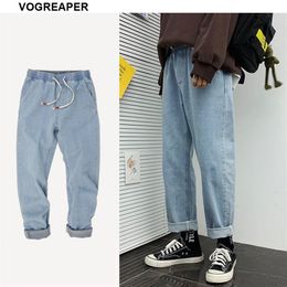 Men's Jeans Trend Fashion Blue Black Men Ankle-length Casual Korean All-Match Straight Drawstring Waist Streetwear Mens Denim2273