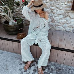 Women's Blouses Women Suit 2023 Autumn Striped Long-sleeved Shirt High Waist Trousers Casual Two-piece