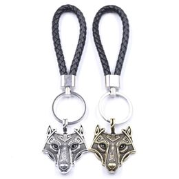 Key Rings Retro Style Wolf Head Pendant Black Leather Key Chain Car Keychain For Men Gift Drop Delivery Dhndv