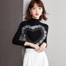 Women's Sweaters Korean Love Mesh Splicing Pullover Half High Neck Slim Knit Streetwear Top Female Camisolas De Inverno Mulher Clothes For