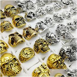 Band Rings Fashion Punk Style 30Pcs/Lot Skl Rings Band Sier Gold Skeleton Big Sizes Mens Women Metal Jewellery Party Gift Drop Delivery Dhtle