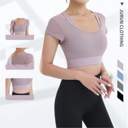 lu summer yoga clothes short-sleeved fitness sports running mesh sweat-absorbing fake two-piece gathered underwear bra1909