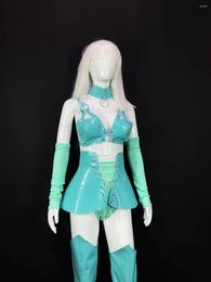 Stage Wear Gogo Costume Mint Green Patent Leather Shinning Bikini Shorts Women Pole Dance Sexy Show Club Dress