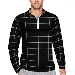 Men's Polos Vintage Nordic Lines Polo Shirts Daily Long Grid Black Zipper Casual Shirt Sleeve Collar Custom Oversize T-Shirts