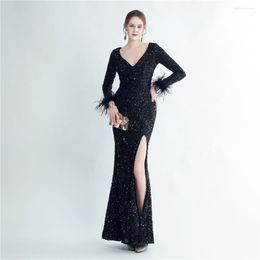 Casual Dresses Bling Sequins Ling Evening Dress Women Long Sleeve V Neck High Waist Package Hip Slim Robe Fashion Crystal Beads Party