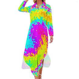 Casual Dresses Yellow Tie Dye Chiffon Dress Print Cute Women Long Sleeve Aesthetic V Neck Pattern Oversized