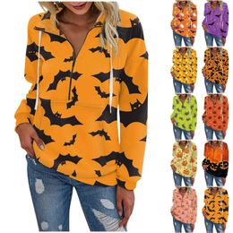 Women's T Shirts Halloween Printed Fashion Sweatshirts Casual Long Sleeve Hiphop Half Zipper Sweatshirt Drawstring Loose Pullover Top