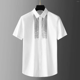 Men's Dress Shirts Summer Black And White Czech Rhinestone Stamped Shirt Short Sleeve Slim Fit Casual Bottoming Top Men