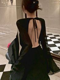 Casual Dresses Black Sexy Vintage Backless Dress Women Strappy Designer Party Female Long Sleeve Korean Elegant 2023