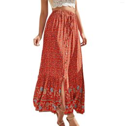 Skirts Vacation Swing Long Skirt Summer Floral Women Vintage Cotton High Waist Casual Ruffle Hem Falda Bohemia Streetwear