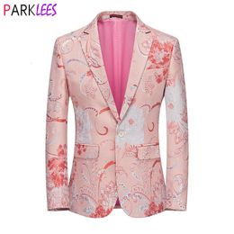 Men's Suits Blazers Pink Floral Jacquard Tuxedo Blazer Jacket Men One Button Notched Lapel Mens Dress Blazers Wedding Party Banquet Costume Homme 230912