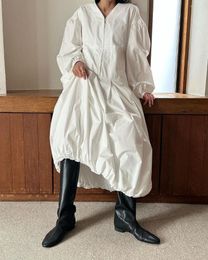 Casual Dresses Kuzuwata V Neck Lantern Sleeve Woman Dress Loose Ruched Slim Fit Zip Robes Japanese Temperament A-line Solid Vestidos