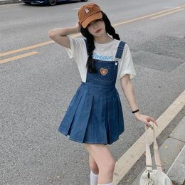 Work Dresses Summer Suit Female College Style Korean Version Loose Printing T-shirt Denim Waist Strap Pleated Dress 2-piece Set