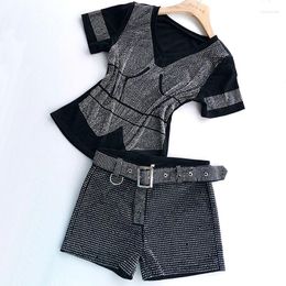 Women's Tracksuits 2023 Summer Diamond T Shirt Short Sleeved Tops Slim Fit High Waist Shorts Suit Night-Club