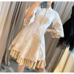 Casual Dresses Embroidered A Hem Fringe Mini Dress Linen Fabric Stand-up Collar Flare Sleeve Vacation Women Temperament Elegant A03610