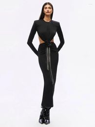 Casual Dresses BEVENCCEL Sexy Women's Open Back Tight Long Sleeve Flower Tassel Diamond Chain Bodycon Elegant Party Evening Dress 2023