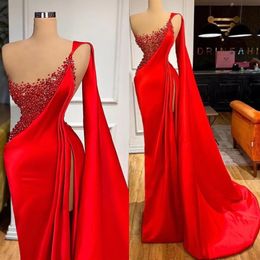 Red Beading Mermaid Evening Dresses One Shoulder Illusion Split Formal Party Prom Dress Red Carpet Long Dresses for Special Occasion Robe de Soiree