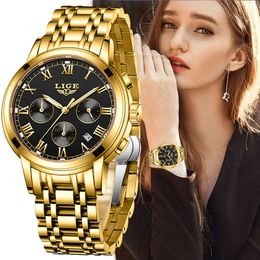 Wristwatches LIGE 2023 Gold Watch Women Watches Ladies 30M Waterproof Steel Women's Bracelet Female Clock Relogio FemininoBOX 230911