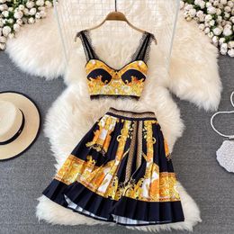 Work Dresses Chic Printed Two Pieces Dress Set For Women Summer Holiday Lady Sleeveless Crop Tank Top Mini Pleated Skirt Party Suits