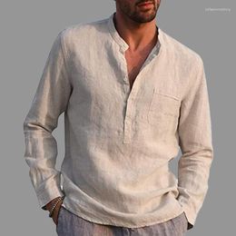 Men's Polos Cotton Linen Long-Sleeved Shirts Men Solid Color V Neck Long Sleeve Shirt Stand-Up Collar Casual Beach Style Top Simple Button